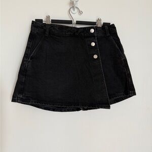 Zara Black Denim Skort with Cross Waist Button Accents
